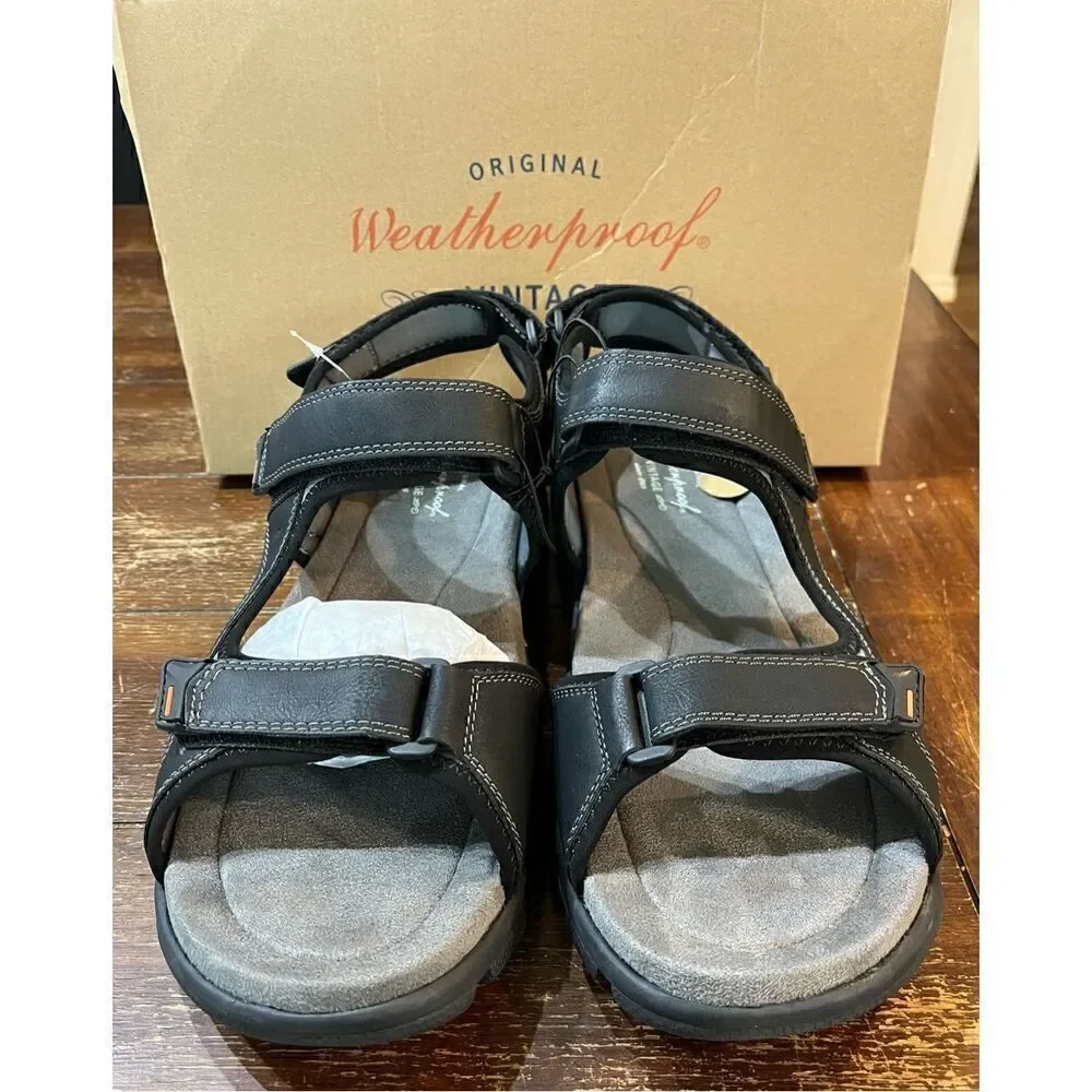 WEATHERPROOF VINTAGE Mens Black Cushioned Cole Round Toe Wedge Sandals Shoes